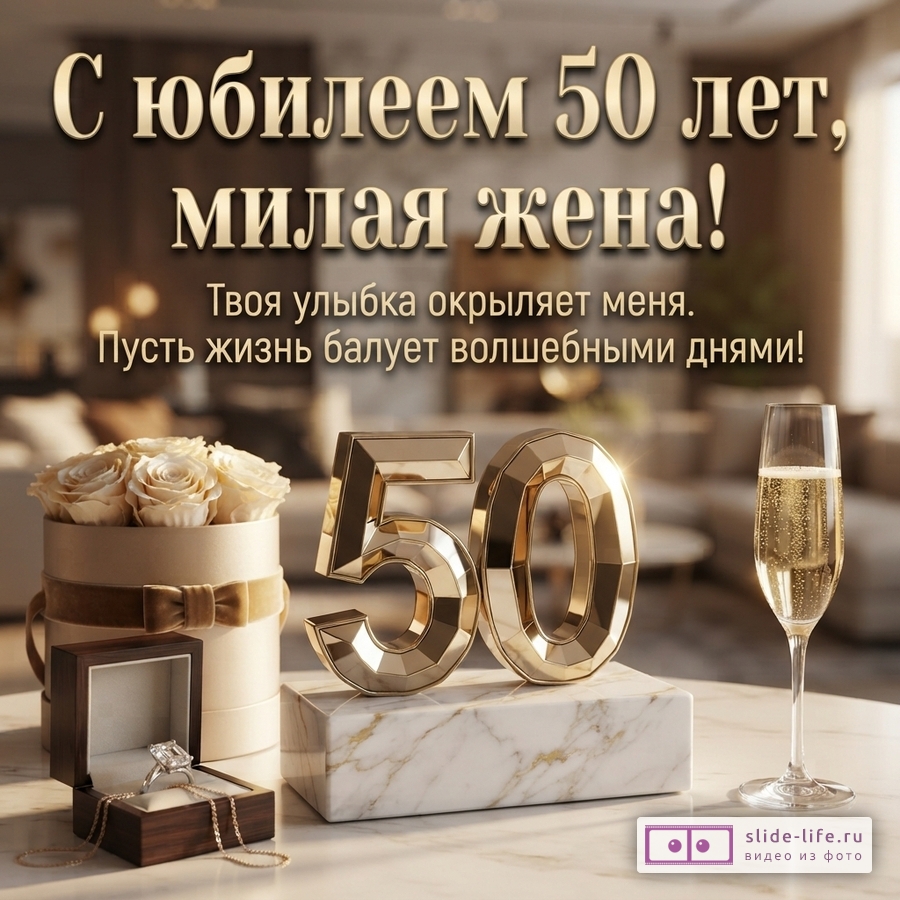 Открытка с золотыми буквами на коричневом фоне. В центре надпись «С юбилеем 50 лет, милая жена! Твоя улыбка окрыляет меня. Пусть жизнь балует волшебными днями!». Внизу золотые цифры 50, бокал шампанского, коробка с розами и открытая шкатулка с кольцом.