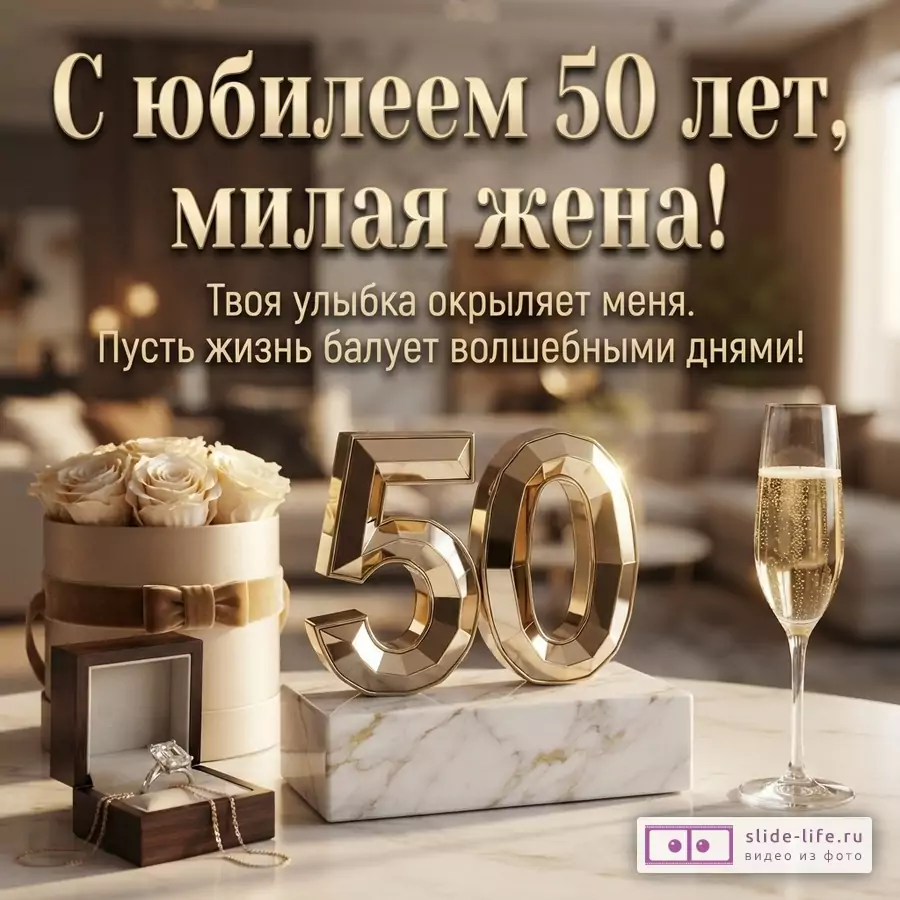 Открытка с золотыми буквами на коричневом фоне. В центре надпись «С юбилеем 50 лет, милая жена! Твоя улыбка окрыляет меня. Пусть жизнь балует волшебными днями!». Внизу золотые цифры 50, бокал шампанского, коробка с розами и открытая шкатулка с кольцом.