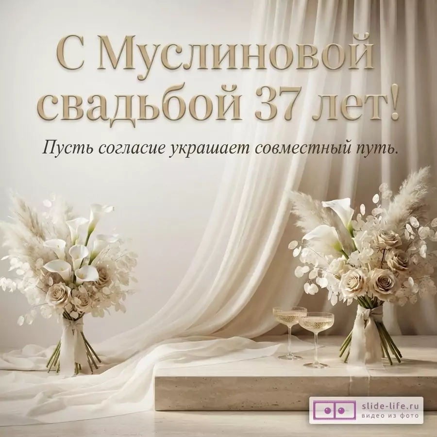 Бежевый фон, бежевые шторы, два букета из белых цветов и сухоцветов, два бокала с шампанским. Текст: «С Муслиновой свадьбой 37 лет! Пусть согласие украшает совместный путь.»