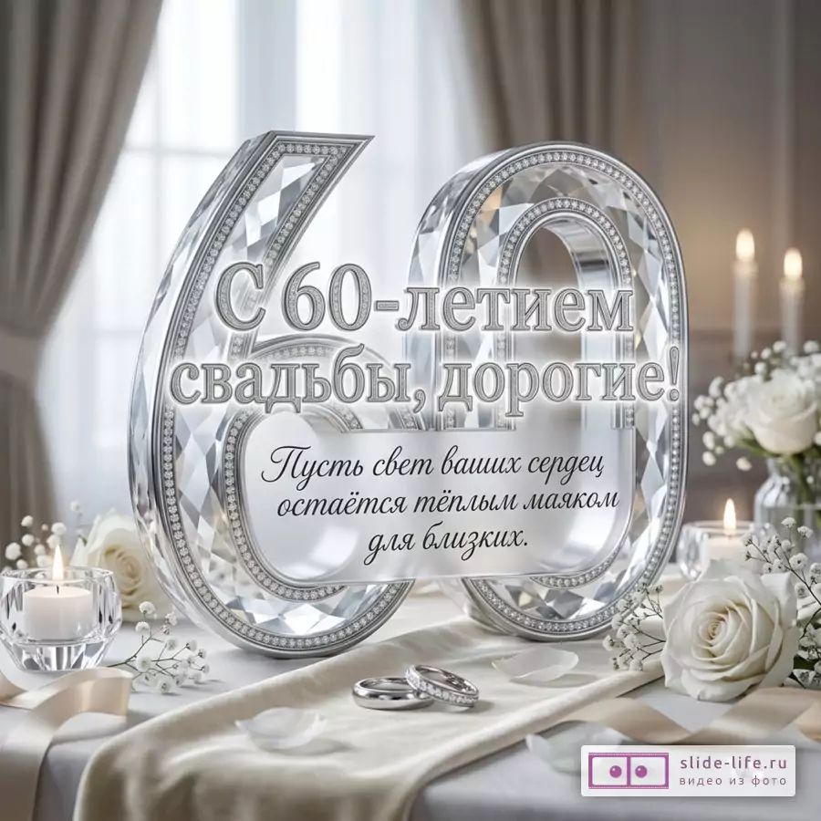 Серебристая открытка с объемной цифрой 60, белыми розами, свечами, кольцами и текстом «С 60-летием свадьбы, дорогие! Пусть свет ваших сердец остаётся тёплым маяком для близких.»