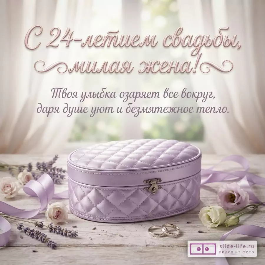 Сиреневая атласная шкатулка, обручальные кольца, лаванда и розы на деревянном столе с текстом «С 24-летием свадьбы, милая жена! Твоя улыбка озаряет все вокруг, даря душе уют и безмятежное тепло.»