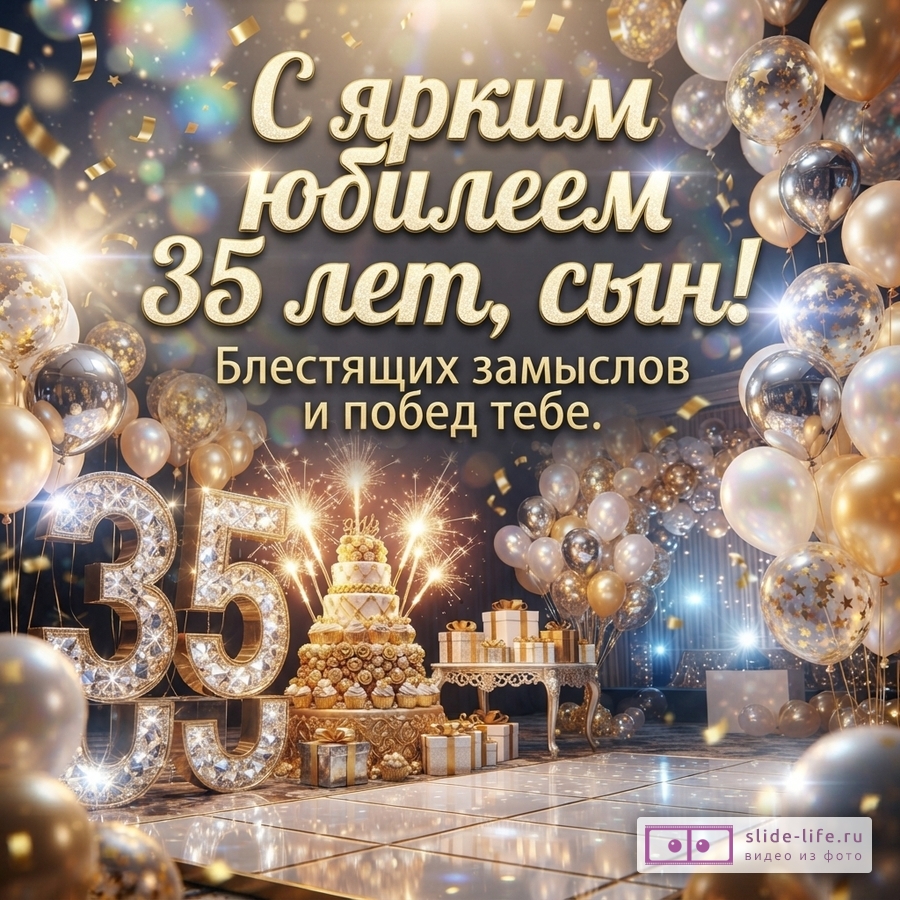 Объемные цифры 35 из кристаллов, праздничный торт, подарки и золотистые воздушные шары. Надпись: «С ярким юбилеем 35 лет, сын! Блестящих замыслов и побед тебе.»