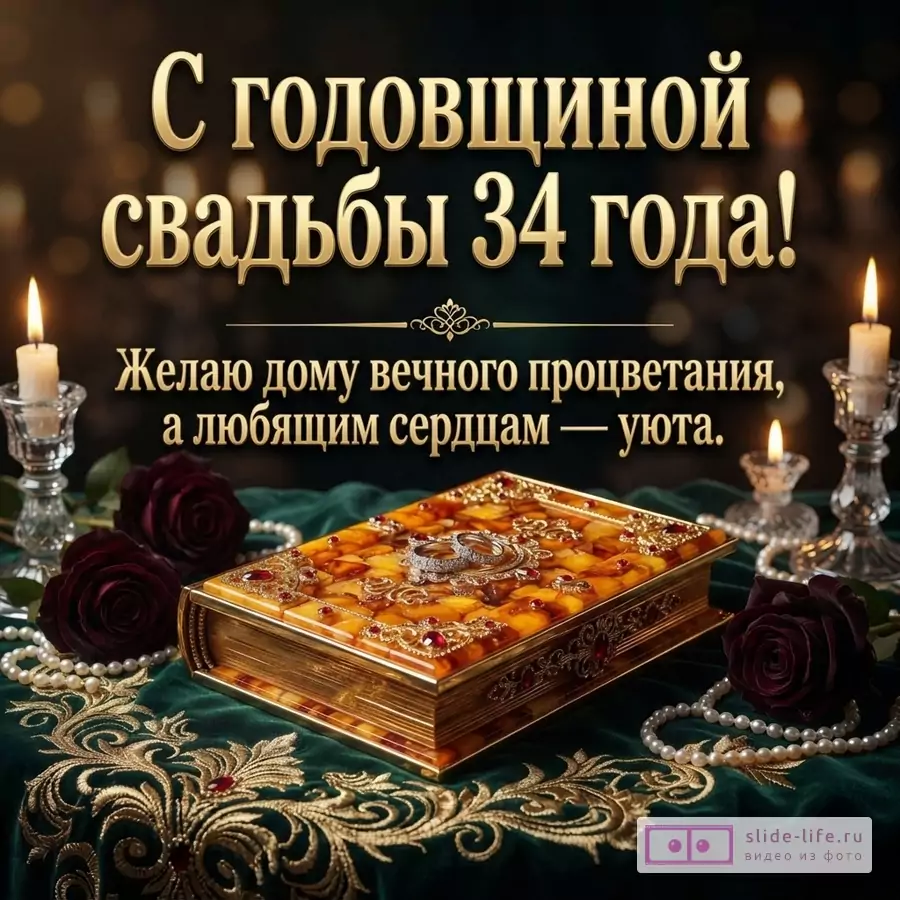 Темный фон, золотые буквы, две свечи, две красные розы, жемчужные бусы, шкатулка с янтарными вставками. Текст: «С годовщиной свадьбы 34 года! Желаю дому вечного процветания, а любящим сердцам — уюта.»