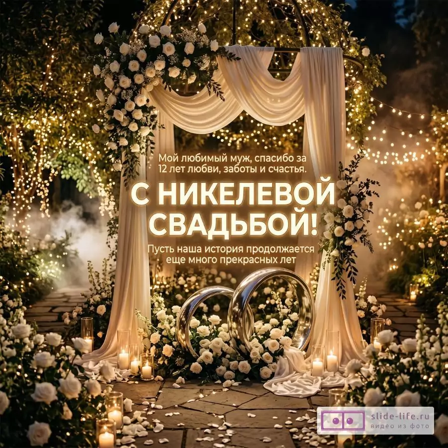 Поздравление мужу с никелевой свадьбой — открытка на 12 лет свадьбы