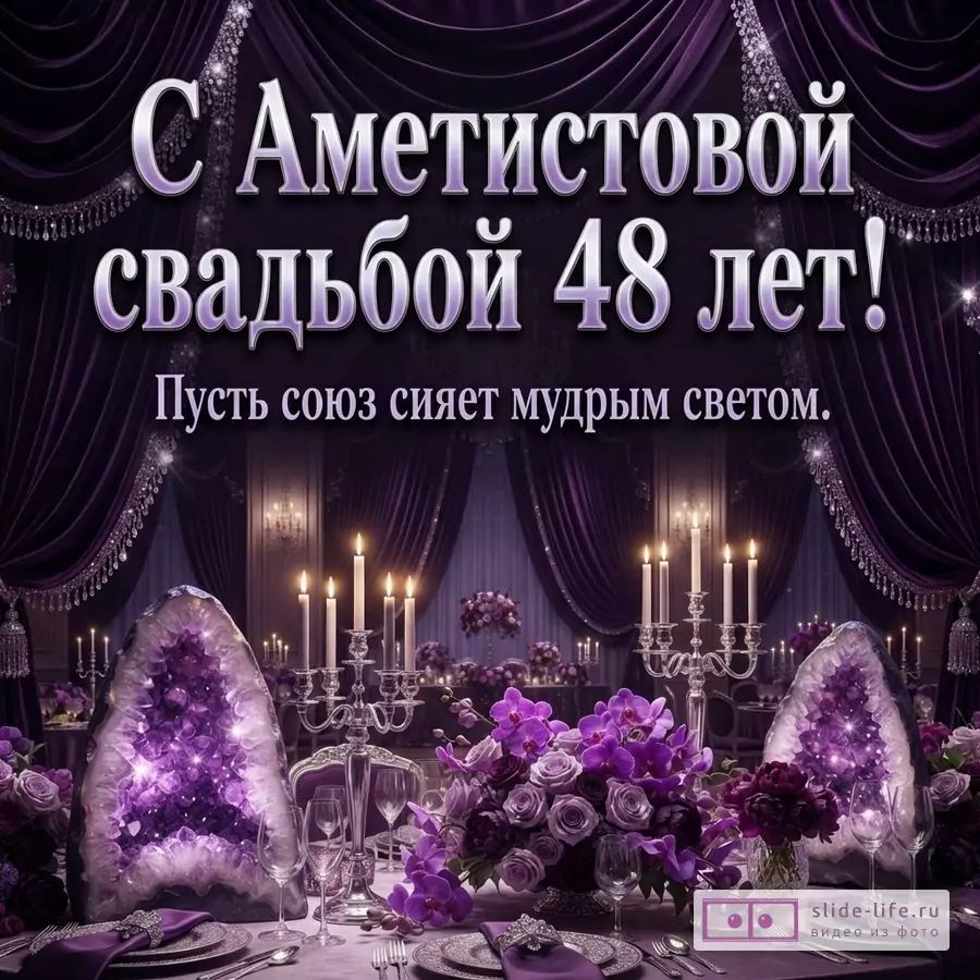 Фон фиолетовый, шторы, свечи, цветы, аметистовые друзы. Текст: «С Аметистовой свадьбой 48 лет! Пусть союз сияет мудрым светом.»