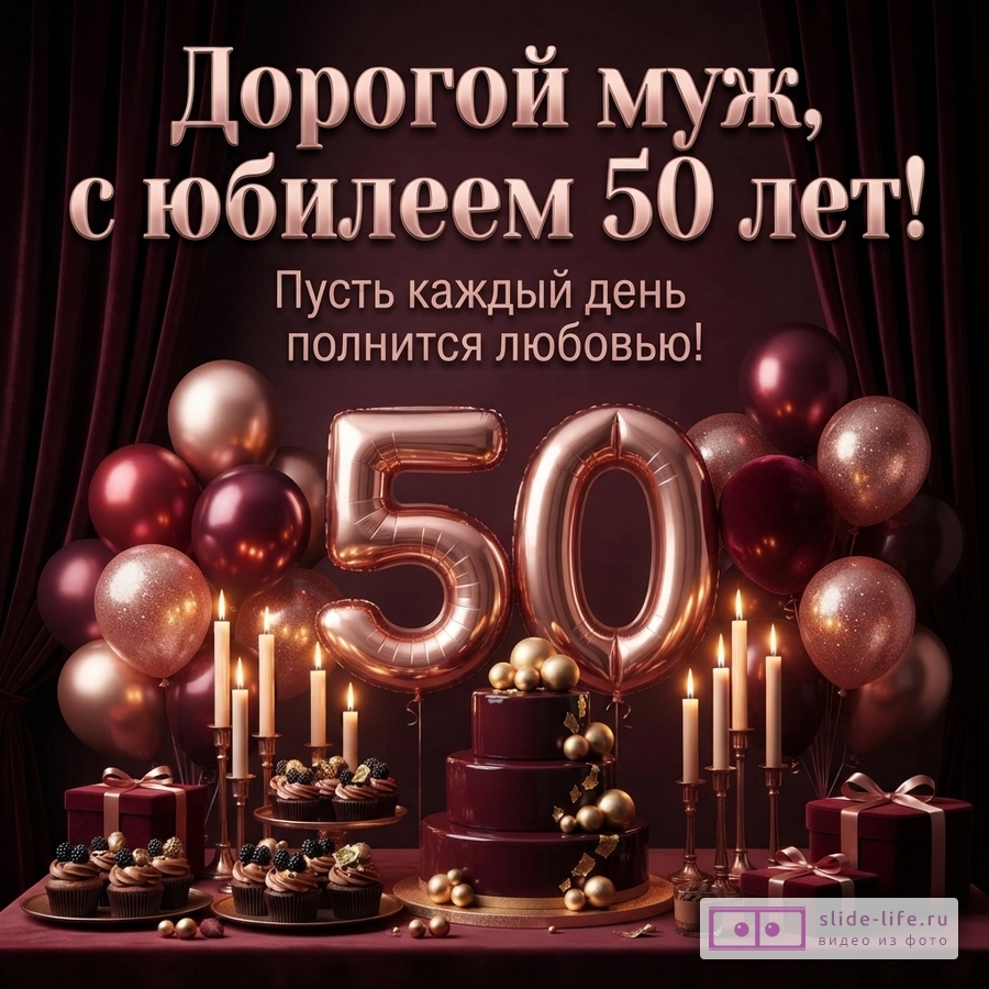 Открытка с бордовым фоном, золотистыми шарами-цифрами «50», воздушными шарами, тортом, капкейками, свечами и подарками. Текст: «Дорогой муж, с юбилеем 50 лет! Пусть каждый день полнится любовью!»