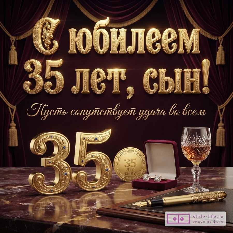 Объемные золотые цифры 35, бокал, запонки и ручка на мраморном столе с надписью «С юбилеем 35 лет, сын! Пусть сопутствует удача во всем» на фоне бордовых штор
