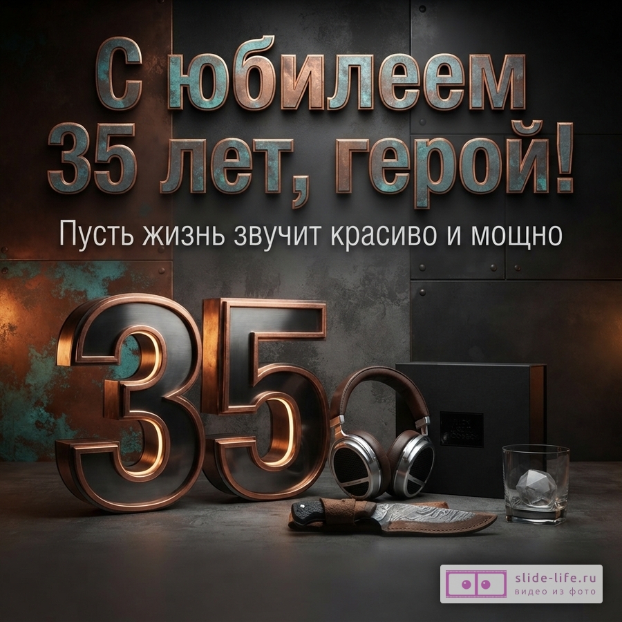 Металлическая цифра 35, наушники, нож и стакан на темном фоне с надписью «С юбилеем 35 лет, герой! Пусть жизнь звучит красиво и мощно».