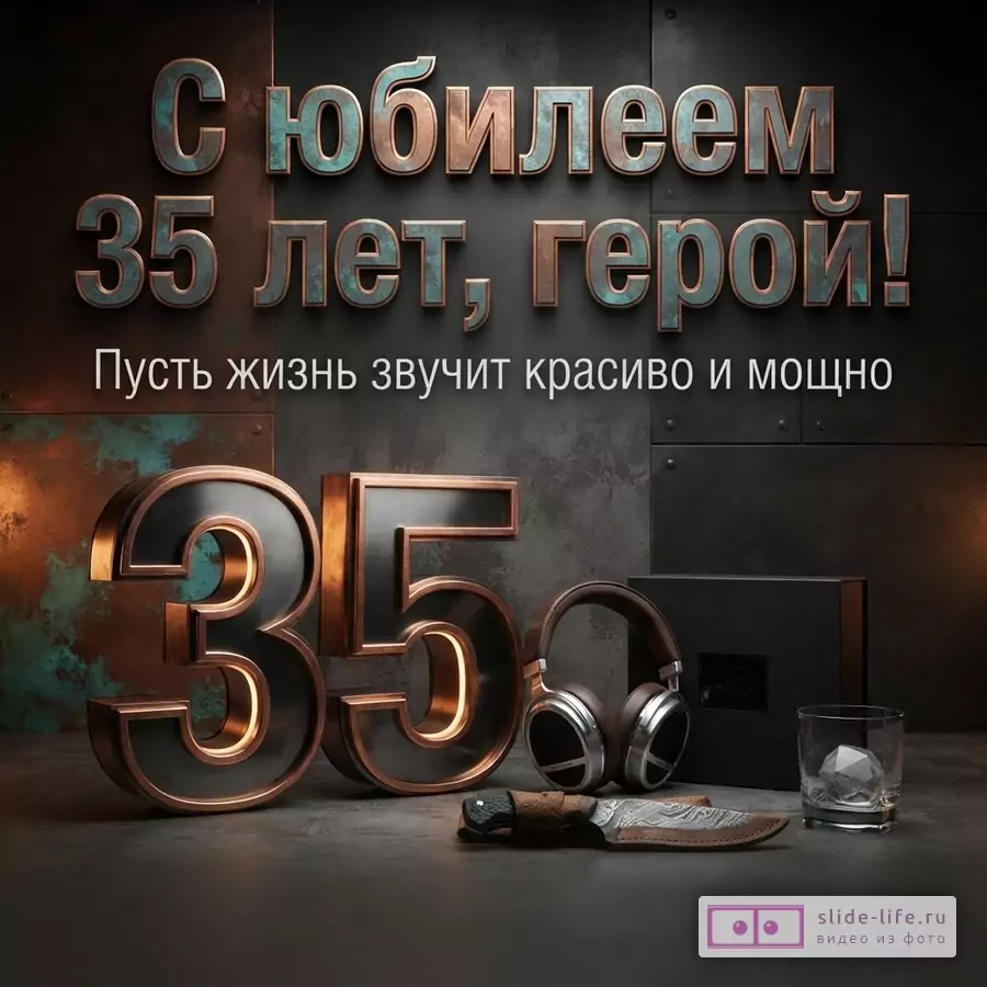 Металлическая цифра 35, наушники, нож и стакан на темном фоне с надписью «С юбилеем 35 лет, герой! Пусть жизнь звучит красиво и мощно».