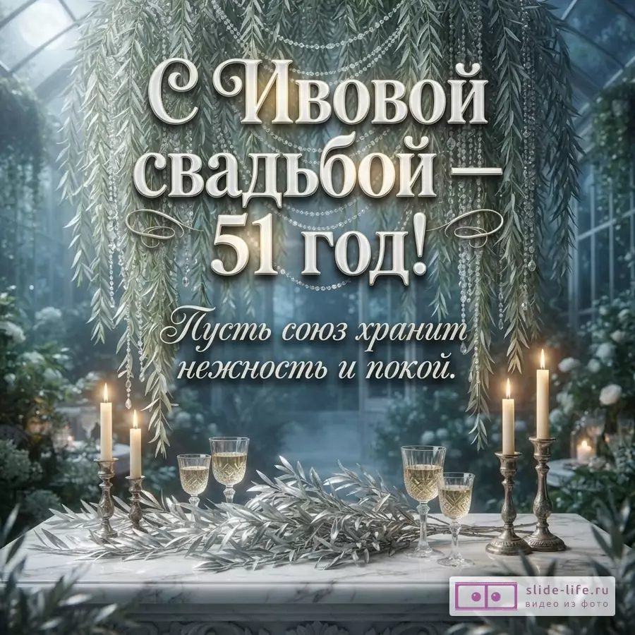 Открытка с Ивовой свадьбой, фон оранжереи, свисающие ивовые ветви с бусинами, мраморный стол, свечи, бокалы с шампанским, серебристые ветви. Текст: «С Ивовой свадьбой – 51 год! Пусть союз хранит нежность и покой.»