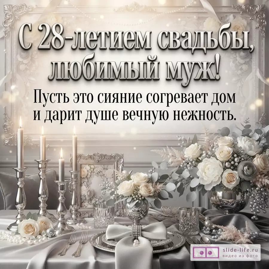 Стол, сервированный в серых и белых тонах, с цветами, свечами и посудой. На фоне белая рамка. Текст: «С 28-летием свадьбы, любимый муж! Пусть это сияние согревает дом и дарит душе вечную нежность.»