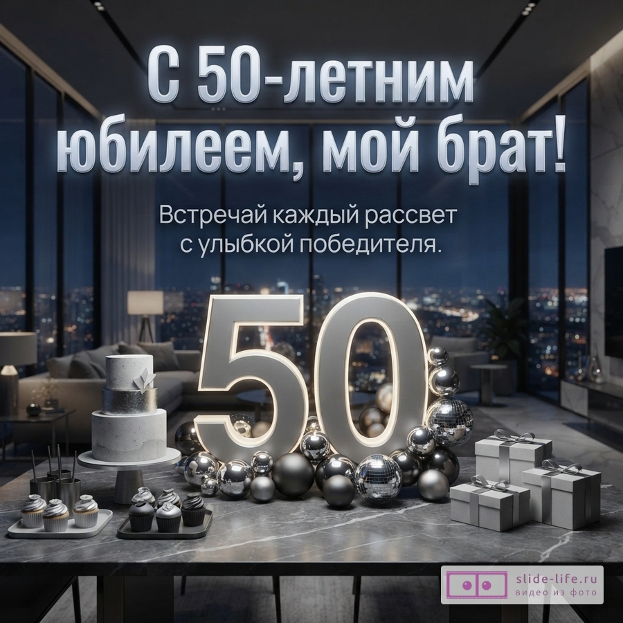 Интерьер комнаты с панорамными окнами и видом на ночной город, на столе торт, кексы, подарки и большие светящиеся цифры 50, вокруг них серебристые шары. Текст: «С 50-летним юбилеем, мой брат! Встречай каждый рассвет с улыбкой победителя.»