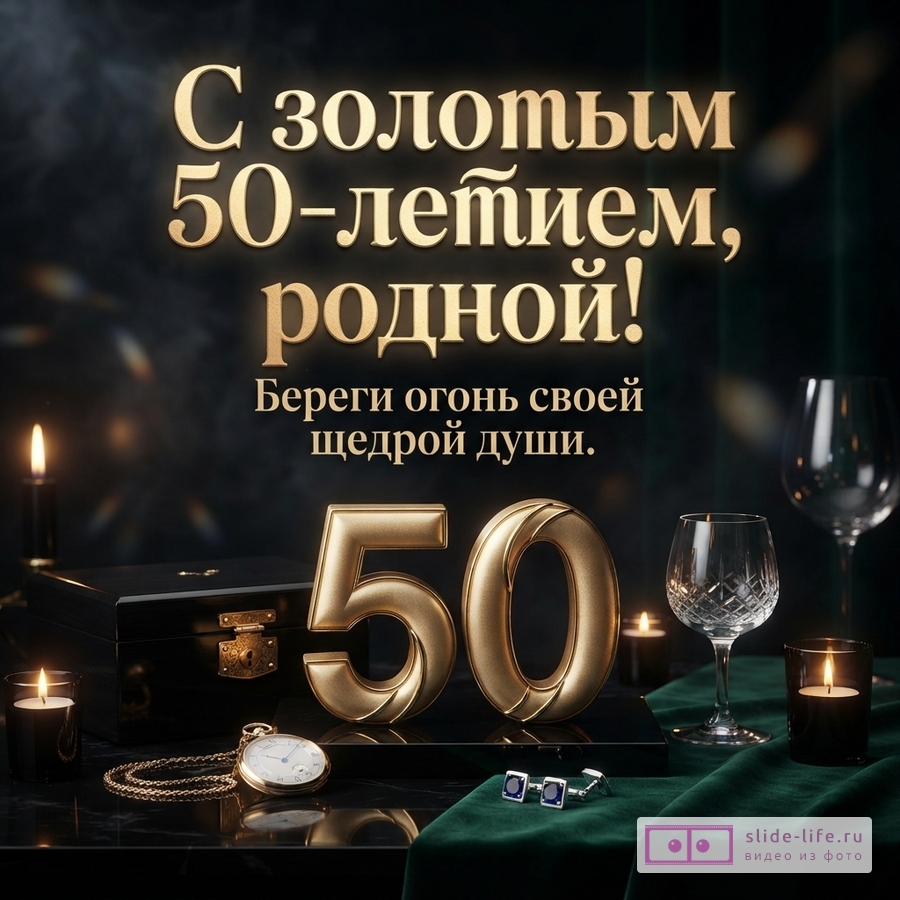 Темный фон, золотые буквы, свечи, бокалы, шкатулка, часы, запонки. Текст: «С золотым 50-летием, родной! Береги огонь своей щедрой души.»