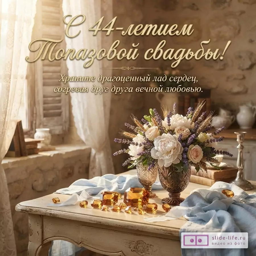 Фон бежевый, на переднем плане стол с вазой цветов и топазами. Текст: «С 44-летием Топазовой свадьбы! Храните драгоценный лад сердец, согревая друг друга вечной любовью.»