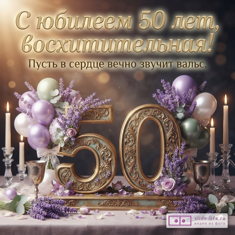 Открытка с фоном боке, золотыми буквами «С юбилеем 50 лет, восхитительная! Пусть в сердце вечно звучит вальс.», объемными золотыми цифрами «50», украшенными лавандой, сиреневыми и белыми шарами, свечами.