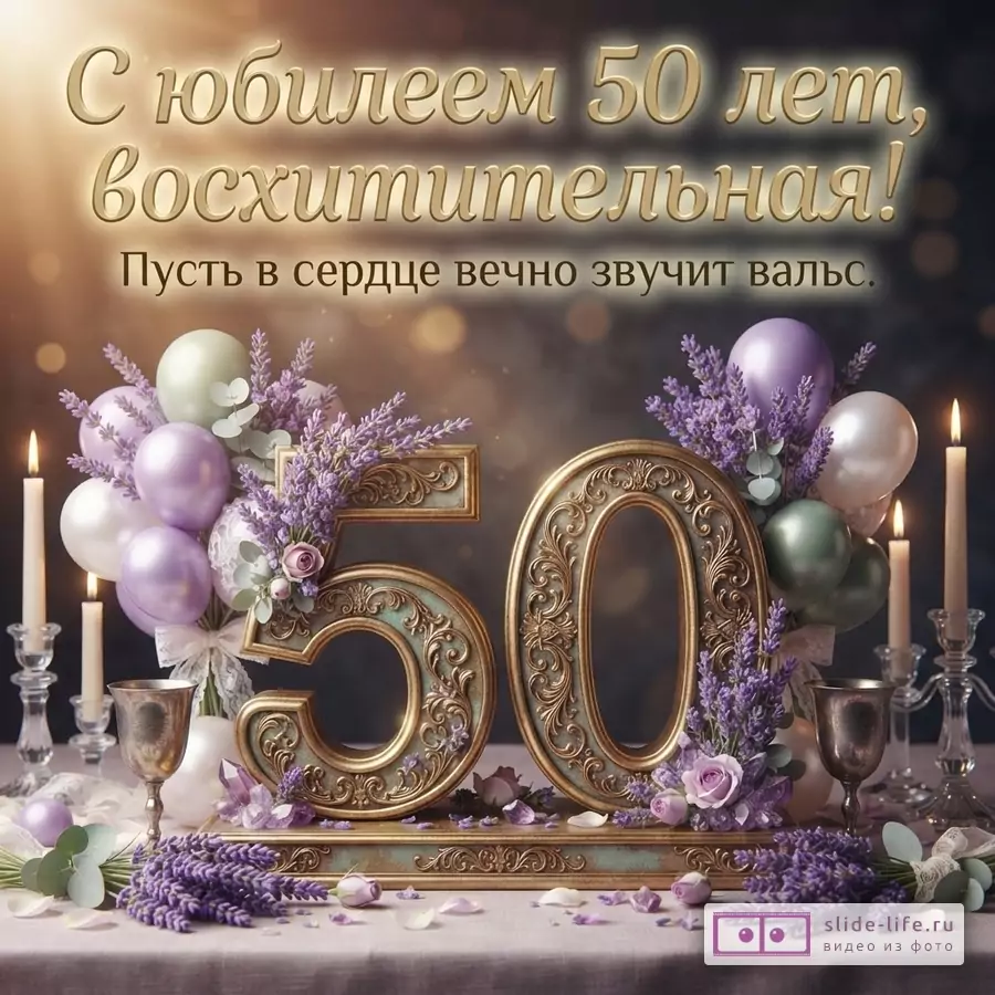 Открытка с фоном боке, золотыми буквами «С юбилеем 50 лет, восхитительная! Пусть в сердце вечно звучит вальс.», объемными золотыми цифрами «50», украшенными лавандой, сиреневыми и белыми шарами, свечами.