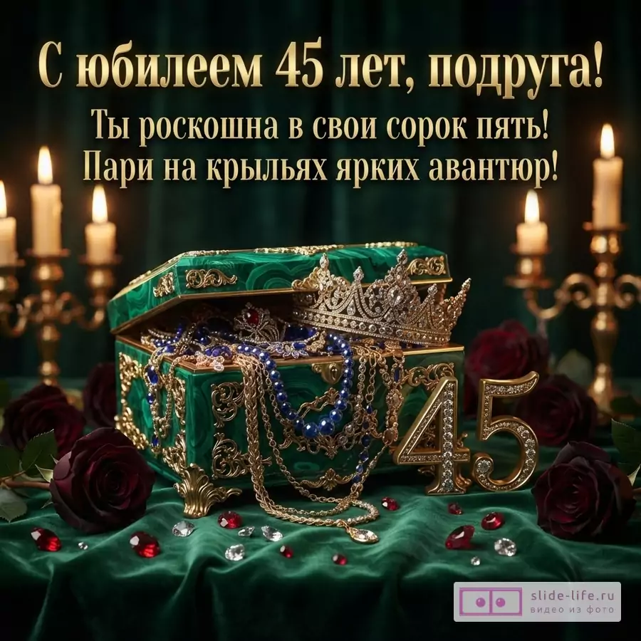 Темно-зеленый фон, золотые буквы с бриллиантами «С юбилеем 45 лет, подруга! Ты роскошна в свои сорок пять! Пари на крыльях ярких авантюр!», золотые подсвечники со свечами, открытая шкатулка с украшениями, корона, красные розы, золотые цифры 45.