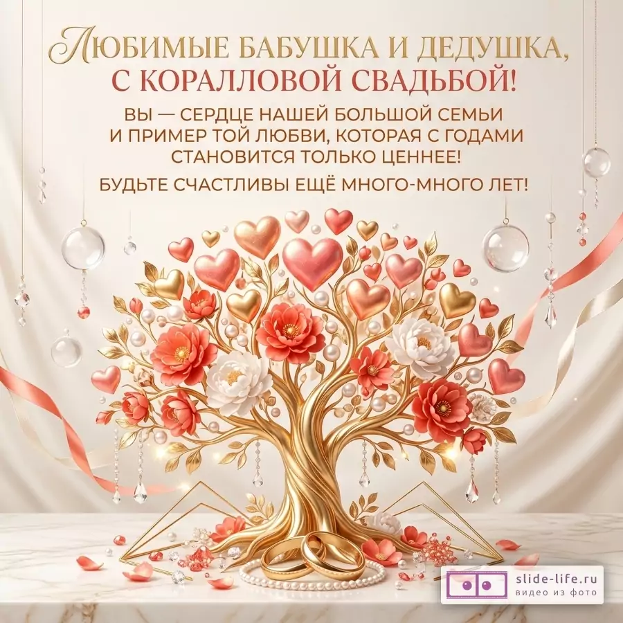 Бежевый фон, золотое дерево с цветами, сердцами, жемчугом и кольцами; текст: «Любимые бабушка и дедушка, с коралловой свадьбой!»