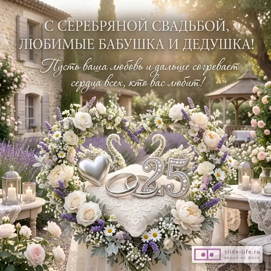 Бежево-сиреневый сад, цветочный венок с сердцем, серебряные «25» и кольца. Текст: «С серебряной свадьбой, любимые бабушка и дедушка!»