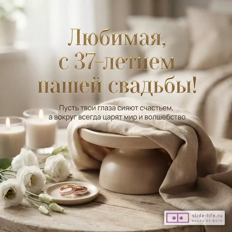 Бежевый фон, золотой текст, две свечи, белые цветы, два обручальных кольца. Текст: «Любимая, с 37-летием нашей свадьбы! Пусть твои глаза сияют счастьем, а вокруг всегда царят мир и волшебство»