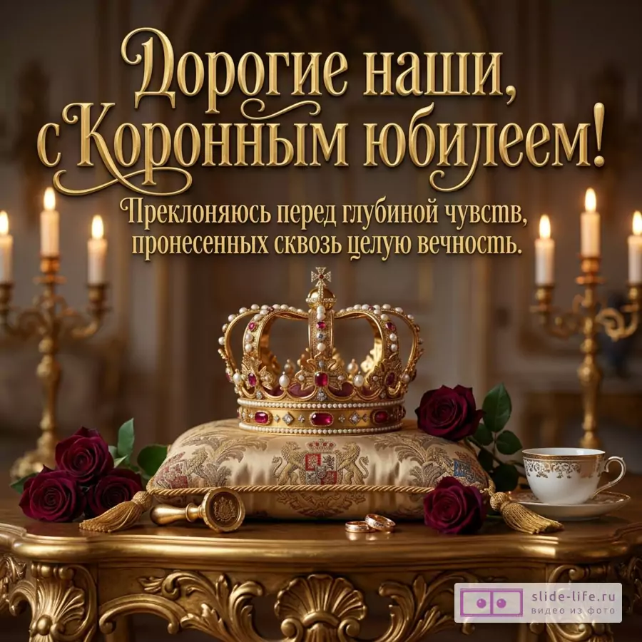 Императорская корона на подушке, кольца, розы, свечи и текст «Близкие, с Коронным юбилеем! Преклоняюсь перед глубиной чувств, пронесенных сквозь целую вечность».