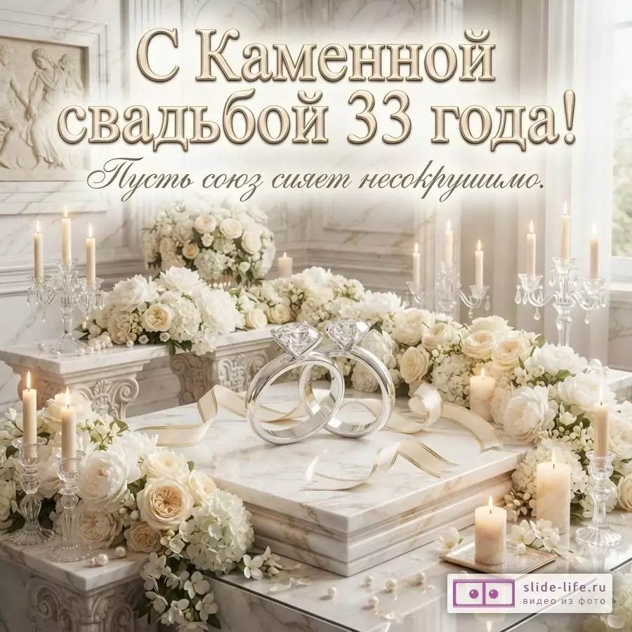 Фон светлый, мраморный. На переднем плане два обручальных кольца с бриллиантами, вокруг белые цветы, свечи в подсвечниках, жемчуг. Текст: «С Каменной свадьбой 33 года! Пусть союз сияет несокрушимо.»