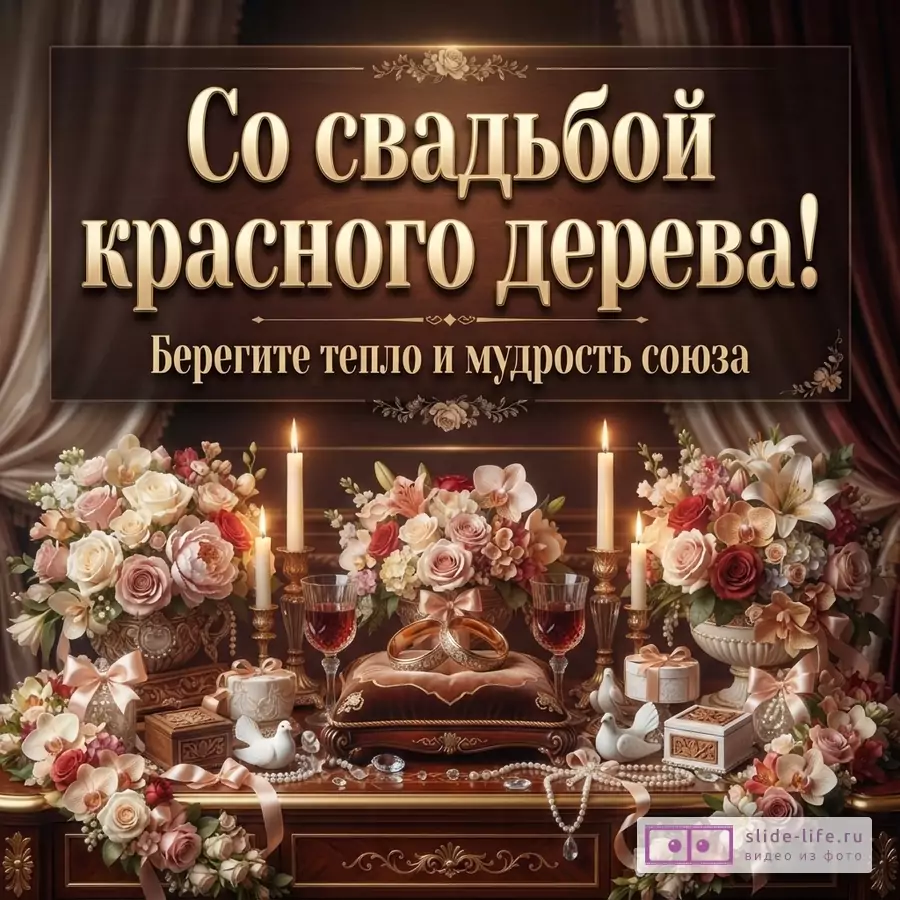 Коричневый фон, золотая рамка, текст «Со свадьбой красного дерева! Берегите тепло и мудрость союза».