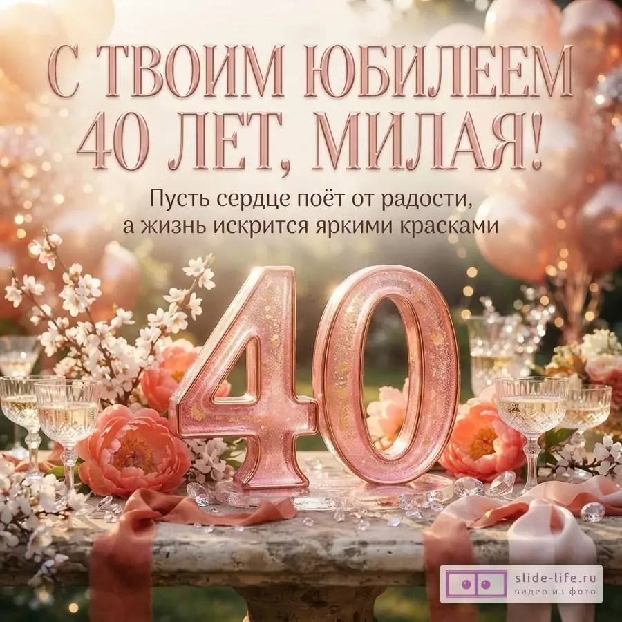 Открытка с бежевым фоном, розовыми шарами и цветами. На переднем плане цифры «40» розового цвета с блёстками, бокалы с шампанским. Текст «С ТВОИМ ЮБИЛЕЕМ 40 ЛЕТ, МИЛАЯ! Пусть сердце поёт от радости, а жизнь искрится яркими красками»