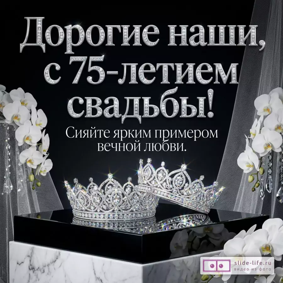 Две бриллиантовые короны на мраморной подставке в окружении белых орхидей на сером фоне с текстом «Близкие, с 75-летием Коронной! Сияйте ярким примером вечной любви.»