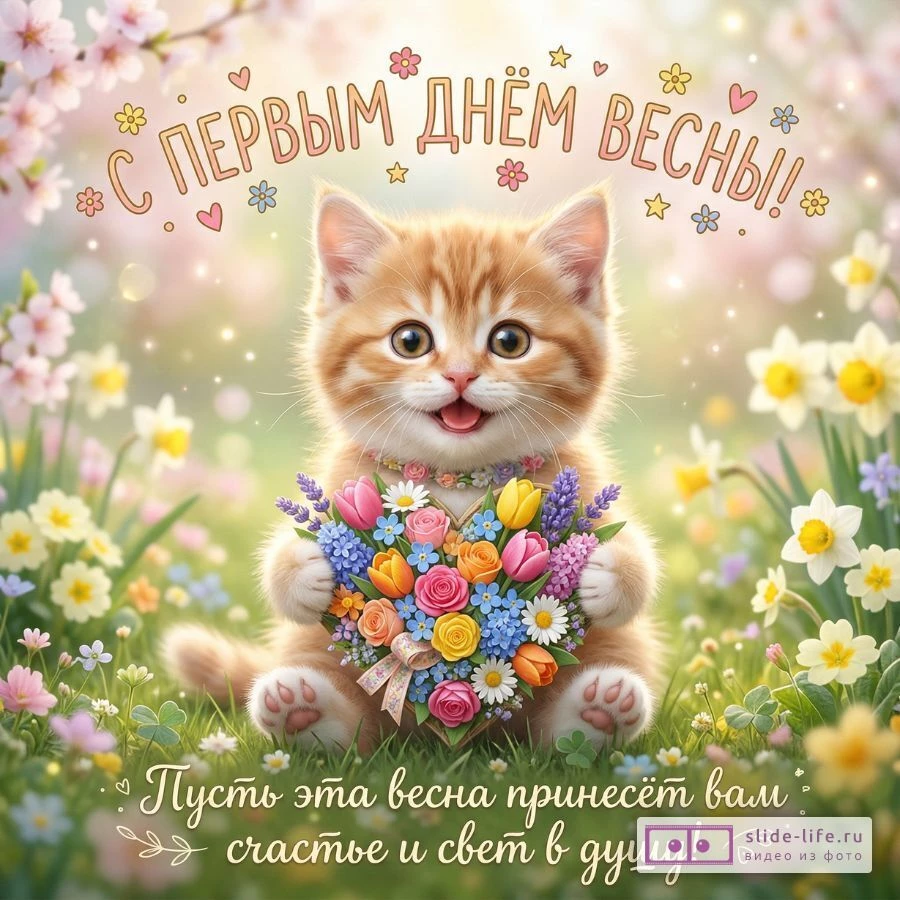 С первым днём весны! Открытка с пожеланиями радости, тепла и счастья в душе