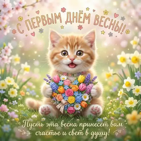 С первым днём весны! Открытка с пожеланиями радости, тепла и счастья в душе