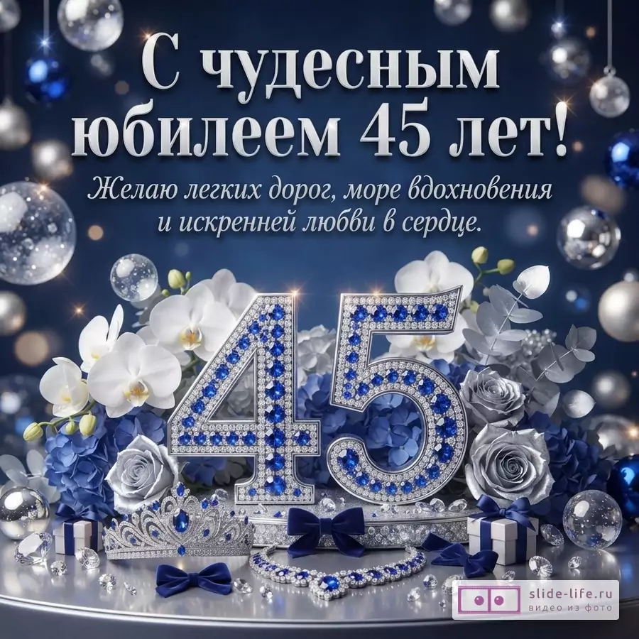 Открытка на синем фоне с серебристыми и синими шарами, белыми орхидеями и синими гортензиями. В центре крупные цифры «45» из серебра с синими камнями. Внизу серебряная корона, колье и бантики. Текст: «С чудесным юбилеем 45 лет! Желаю легких дорог, море вдохновения и искренней любви в сердце.»