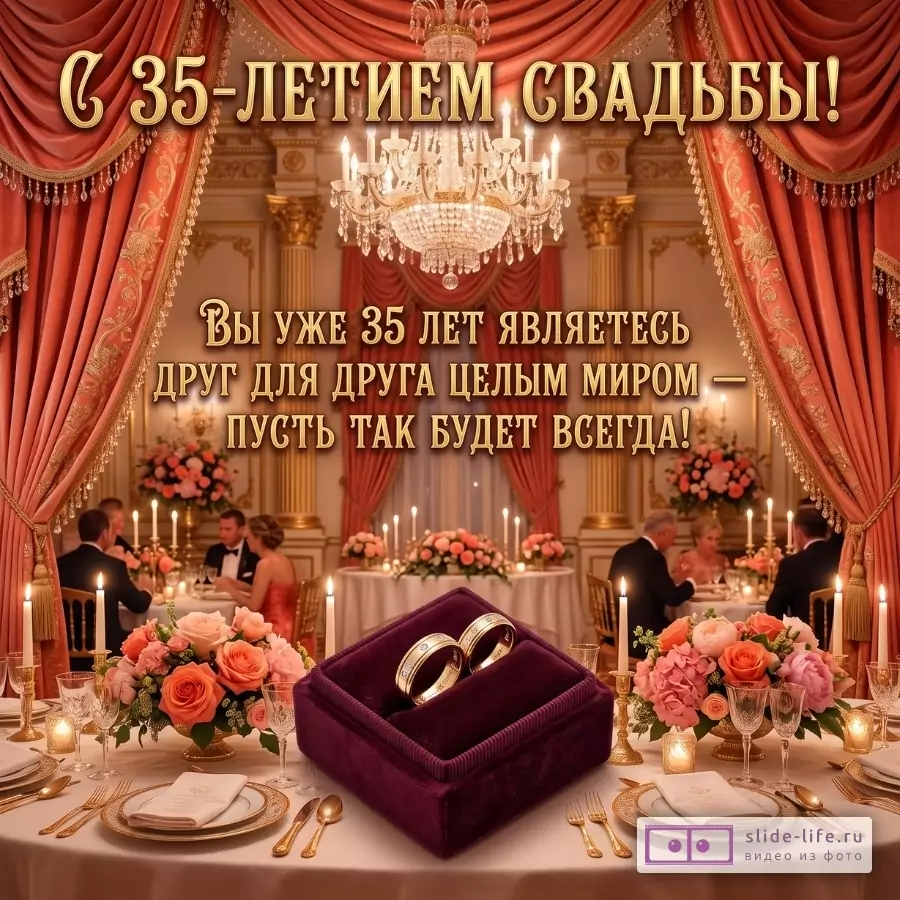 Кораллово-красный зал с люстрой, свечами, цветами и коробочкой с кольцами; текст «С 35-летием свадьбы!» и «Вы уже 35 лет являетесь друг для друга целым миром — пусть так будет всегда!»