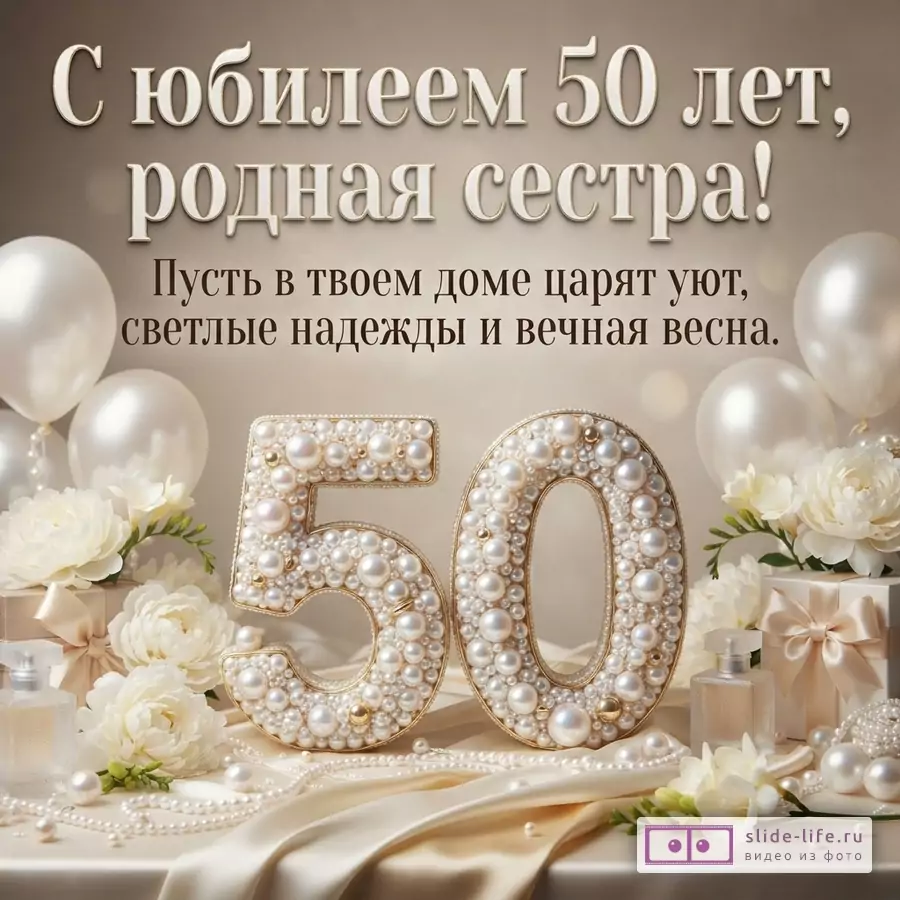 Бежевый фон, белые шары, белые цветы, жемчужные бусы, цифры 50 из жемчуга. Надпись «С юбилеем 50 лет, родная сестра! Пусть в твоем доме царят уют, светлые надежды и вечная весна.»