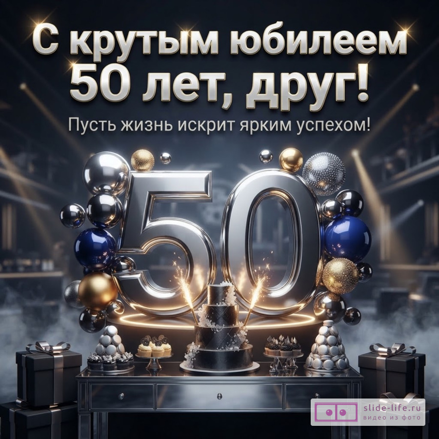 Открытка с черным фоном, серебряными буквами и цифрами «50», золотыми и синими шарами, черным тортом со свечами. Текст: «С крутым юбилеем 50 лет, друг! Пусть жизнь искрит ярким успехом!»