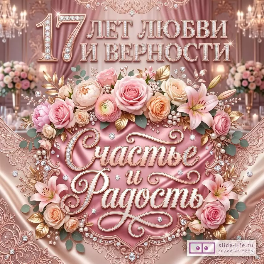 Розово-бежевый фон с атласным блеском и кружевным узором, букет роз, лилий, жемчуг и кристаллы, надписи «17 ЛЕТ ЛЮБВИ И ВЕРНОСТИ» и «Счастье и Радость».
