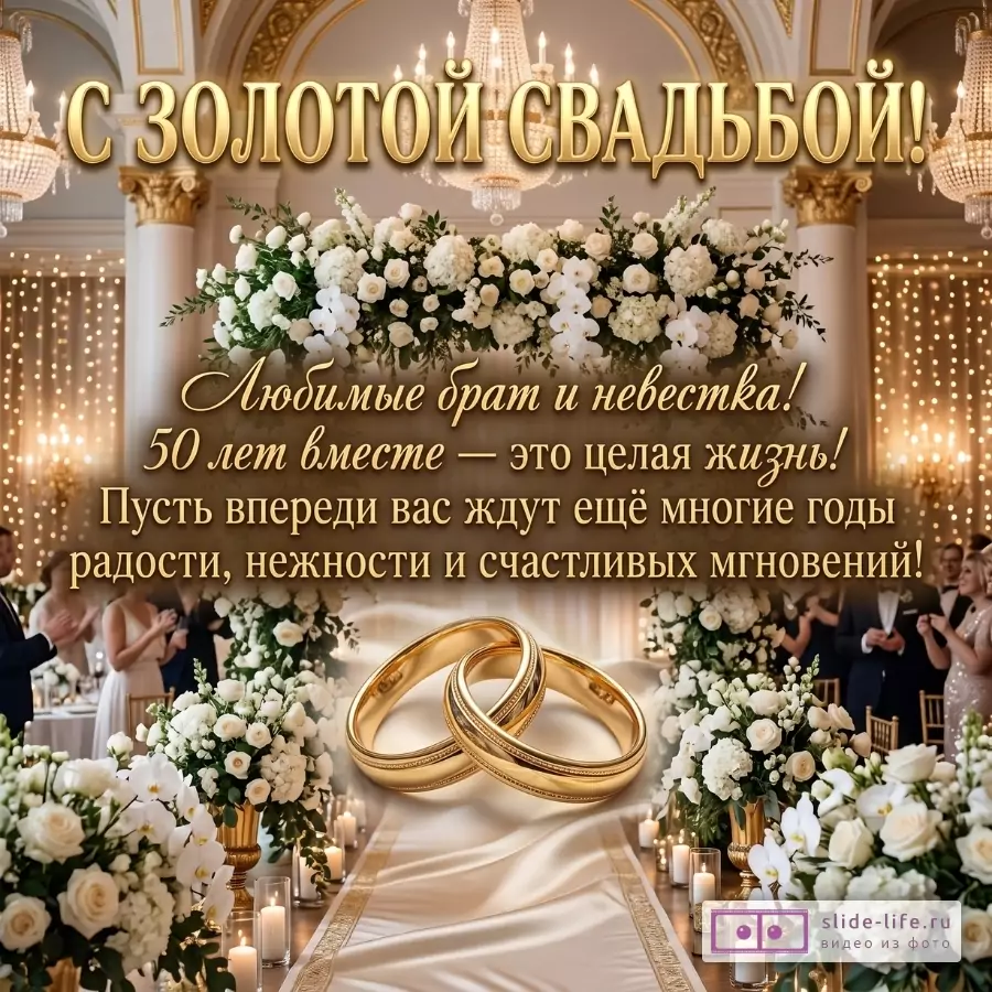 Золотисто-белый свадебный зал с цветами, свечами и обручальными кольцами. Текст: «С ЗОЛОТОЙ СВАДЬБОЙ!», «Любимые брат и невестка! 50 лет вместе — это целая жизнь!»