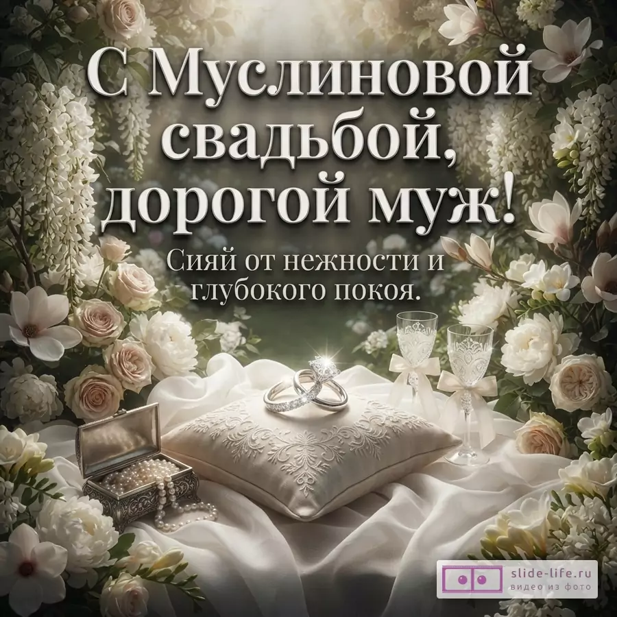 Открытка с белыми цветами и зеленью, на переднем плане подушечка с двумя кольцами, шкатулка с жемчугом, два бокала. Текст: «С Муслиновой свадьбой, дорогой муж! Сияй от нежности и глубокого покоя.»