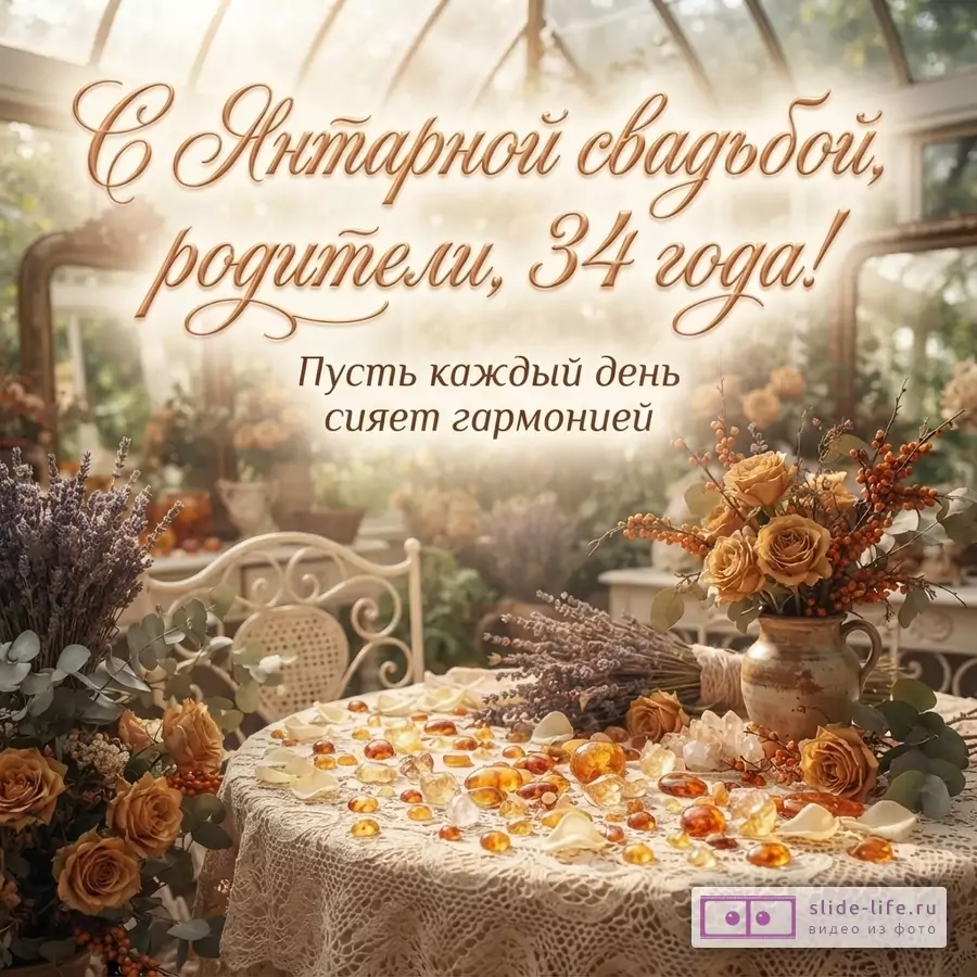 Открытка с Янтарной свадьбой для родителей. На фоне оранжерея, на переднем плане стол с янтарными камнями и цветами. Текст: «С Янтарной свадьбой, родители, 34 года! Пусть каждый день сияет гармонией.»