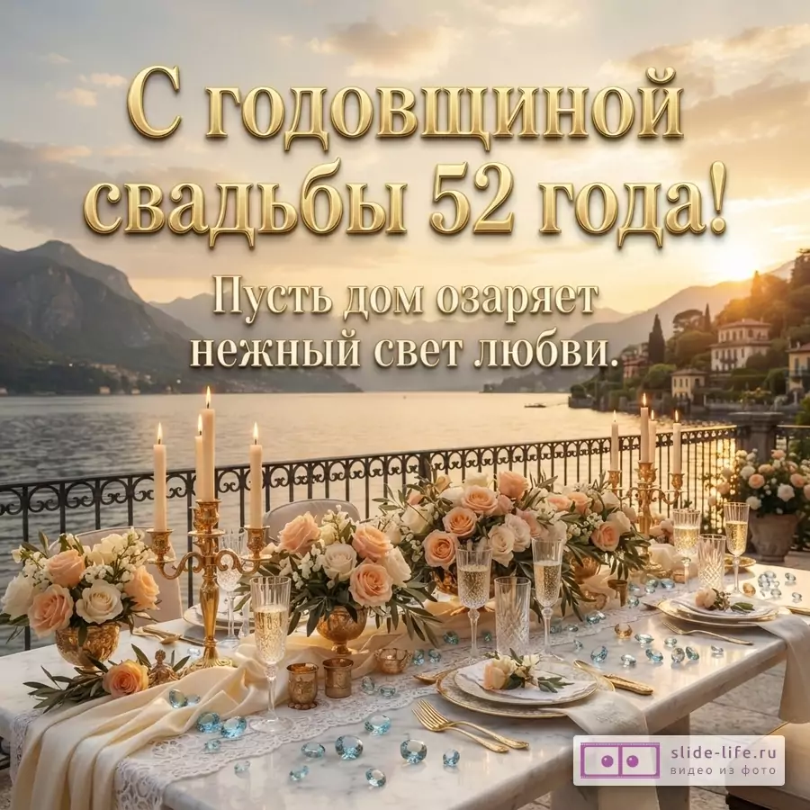 Стол с белой скатертью, цветами, свечами и бокалами на фоне озера и гор. Текст: «С годовщиной свадьбы 52 года! Пусть дом озаряет нежный свет любви.»