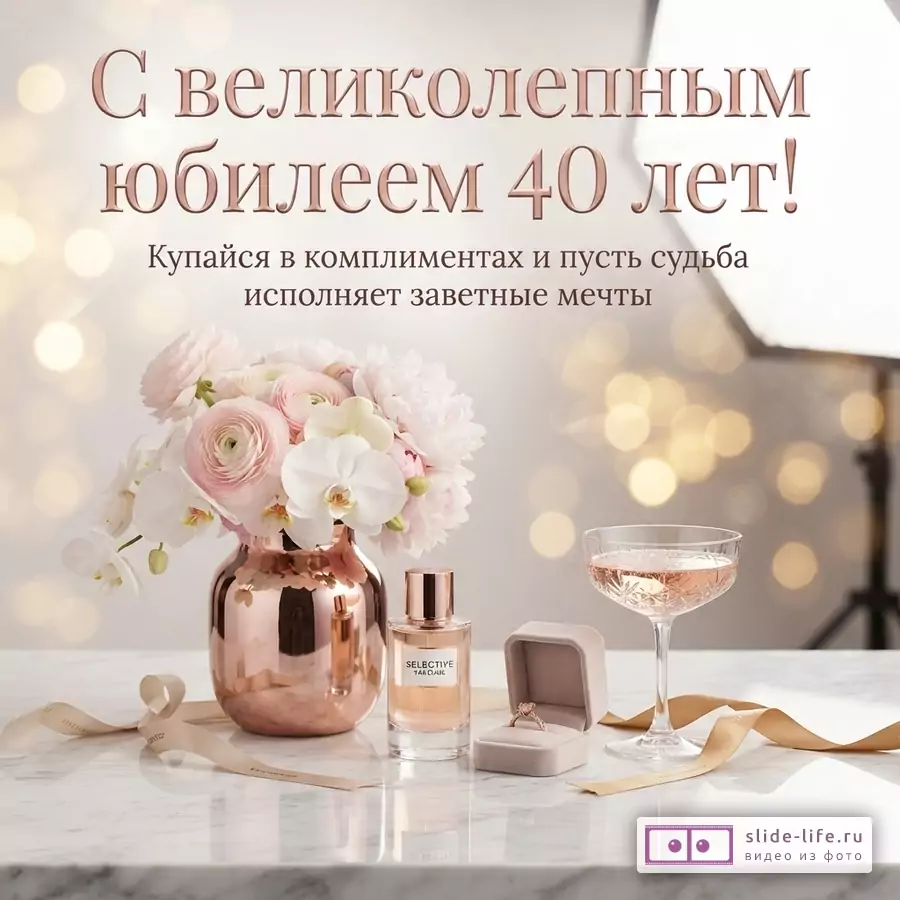 Фон с боке, сверху текст «С великолепным юбилеем 40 лет! Купайся в комплиментах и пусть судьба исполняет заветные мечты». На мраморном столе ваза с цветами, флакон духов, кольцо в коробочке, бокал с напитком, лента.