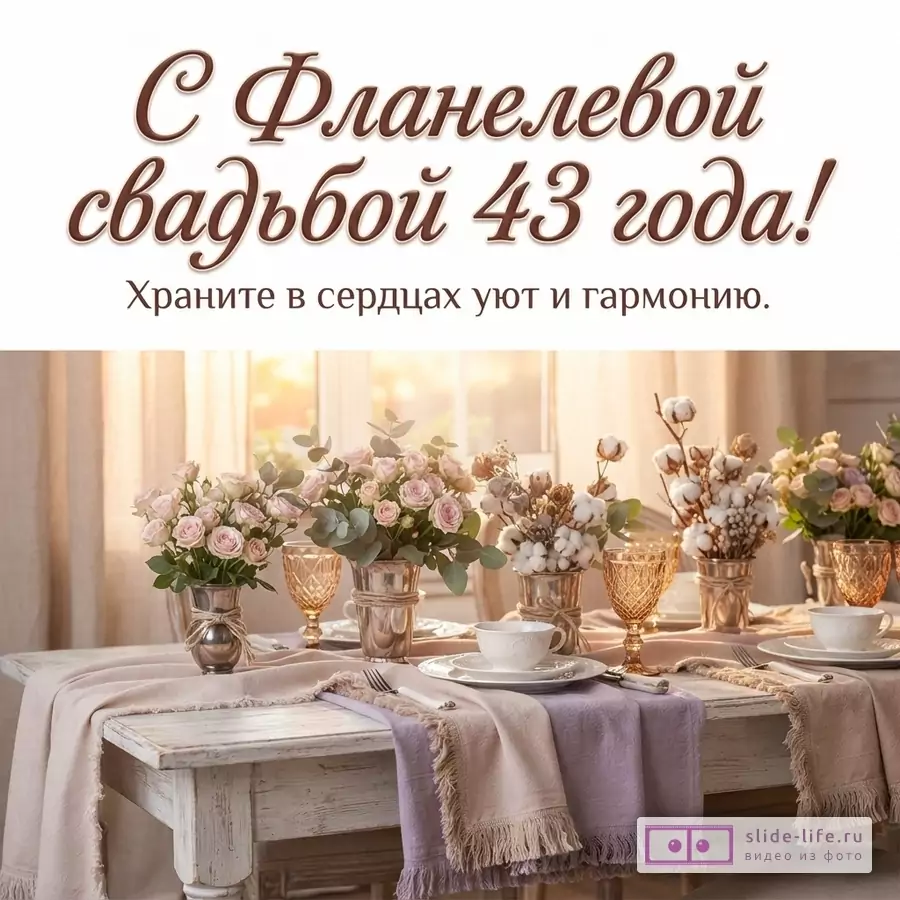 Белый фон, коричневый текст, накрытый стол с цветами и посудой. Текст: «С Фланелевой свадьбой 43 года! Храните в сердцах уют и гармонию.»
