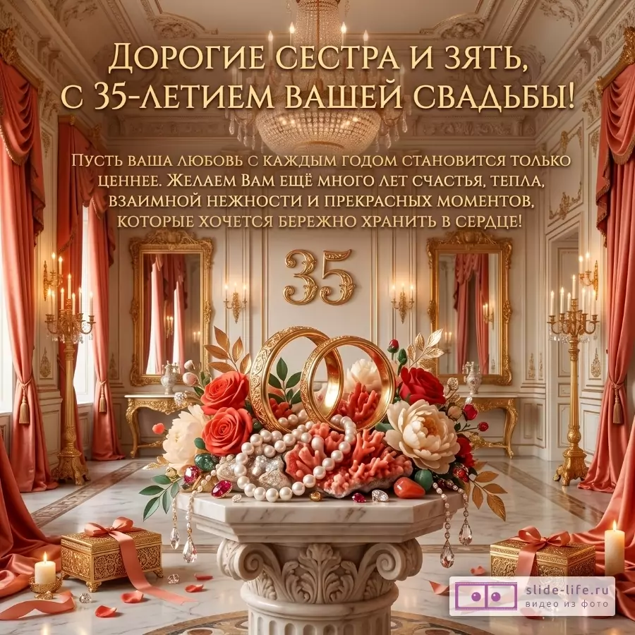 Золотисто-кремовый зал с красными шторами, люстрой и цветочной композицией с кольцами и «35». Текст: «ДОРОГИЕ СЕСТРА И ЗЯТЬ, С 35-ЛЕТИЕМ ВАШЕЙ СВАДЬБЫ!»