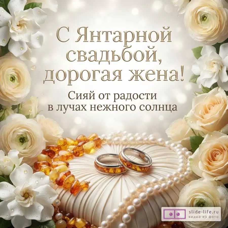 Открытка с бежевым фоном, рамкой из белых и кремовых цветов, жемчугом, янтарными бусинами и двумя кольцами с янтарем. Текст: «С Янтарной свадьбой, дорогая жена! Сияй от радости в лучах нежного солнца»