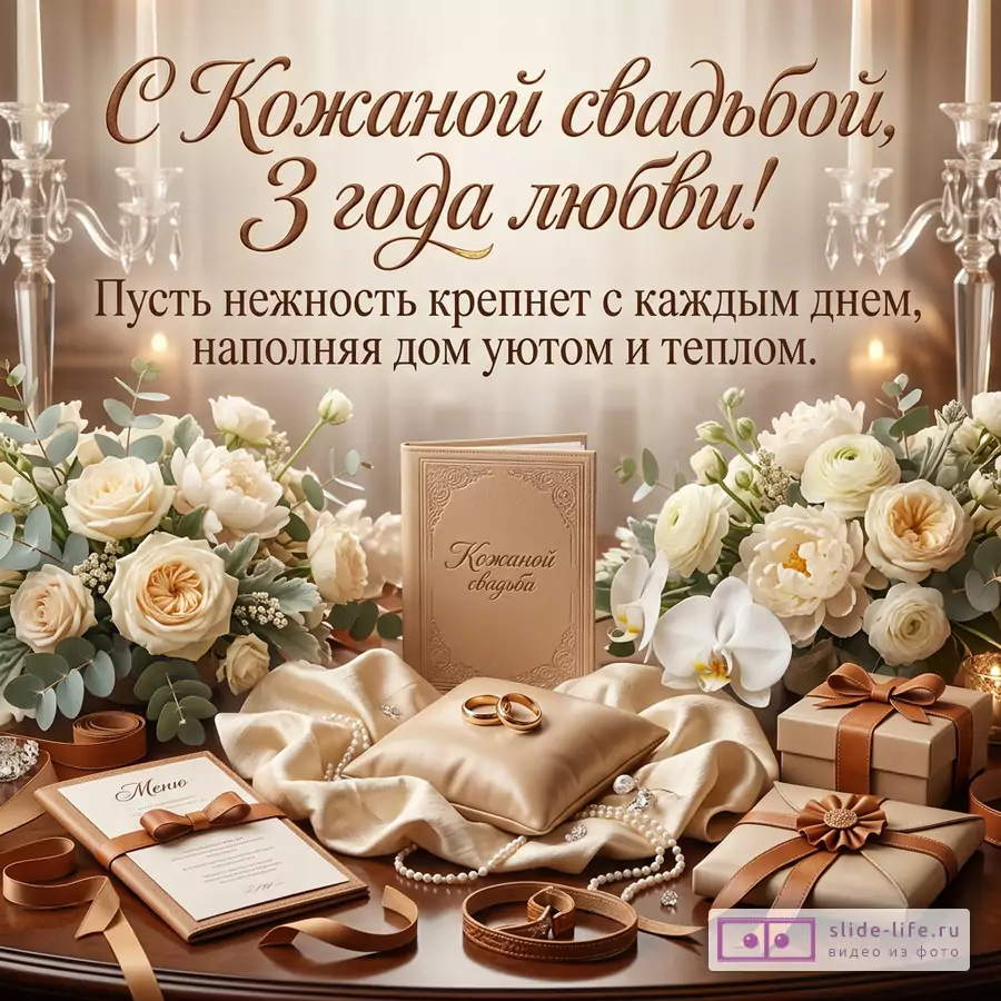 Бежевый натюрморт с цветами, свечами, кольцами, подарками и кожаной книгой. Текст «С Кожаной свадьбой, 3 года любви!», «Пусть нежность крепнет с каждым днем, наполняя дом уютом и теплом.»