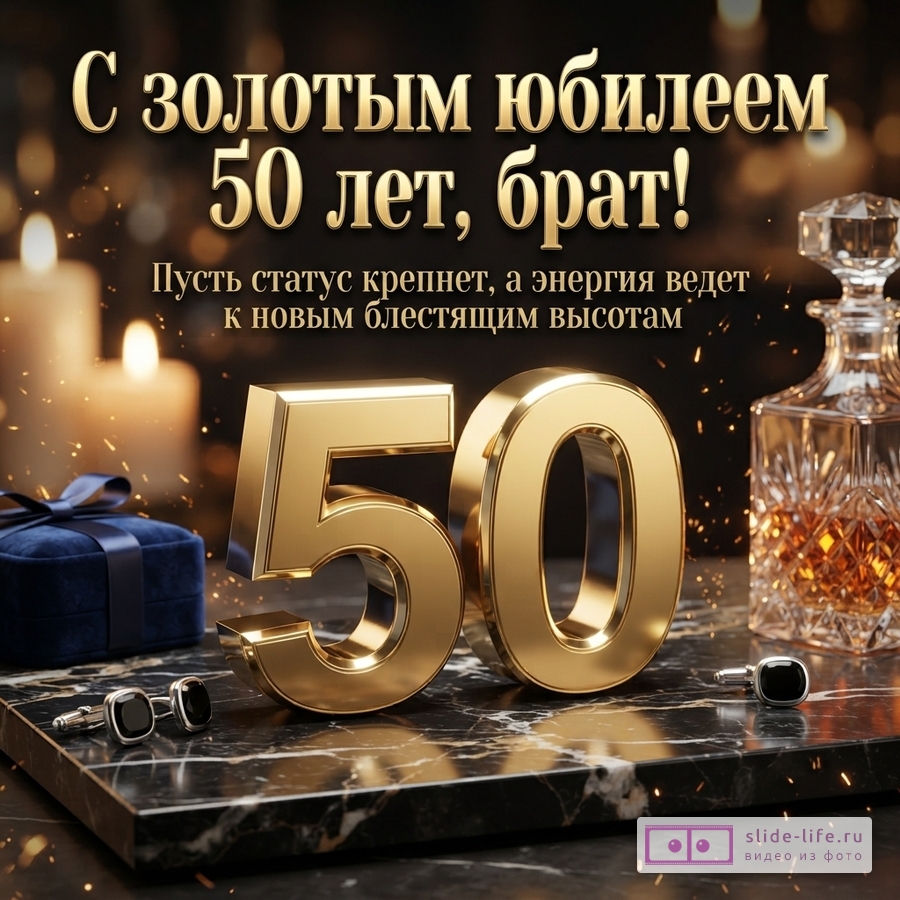 Открытка с черным фоном, золотыми буквами и цифрами 50. На переднем плане золотые цифры 50, запонки, синяя подарочная коробка и графин с напитком. Текст: «С золотым юбилеем 50 лет, брат! Пусть статус крепнет, а энергия ведет к новым блестящим высотам»