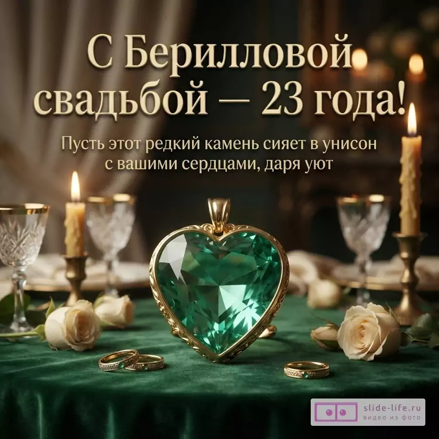 Зеленый граненый берилл в форме сердца, золотые кольца, розы и свечи на столе с текстом «С Берилловой свадьбой — 23 года! Пусть этот редкий камень сияет в унисон с вашими сердцами, даря уют».