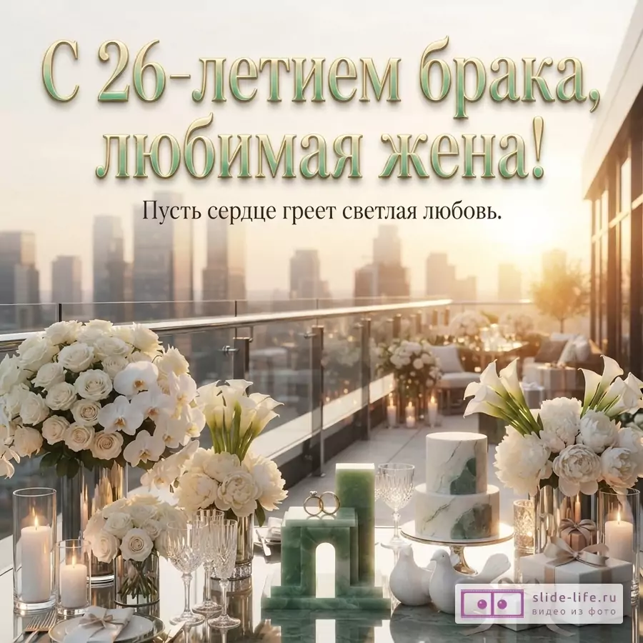 Светлый фон, город на закате, сервированный стол, белые цветы, свечи, зеленый декоративный элемент, подарочные коробки, текст «С 26-летием брака, любимая жена! Пусть сердце греет светлая любовь.»