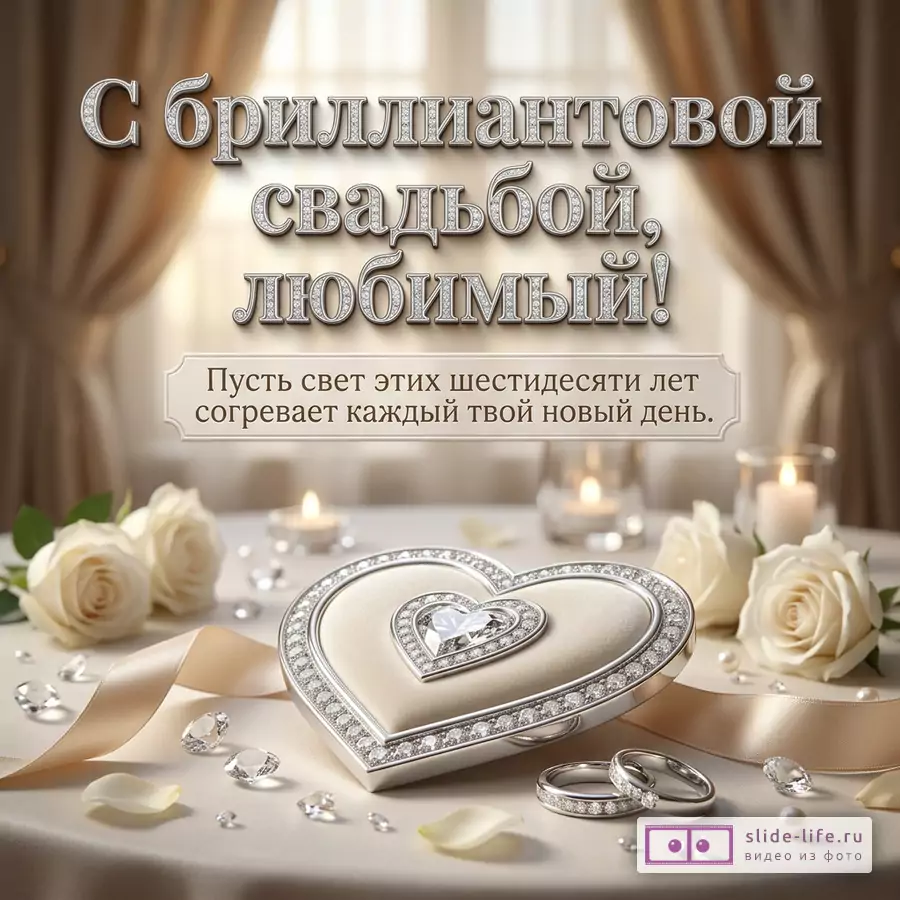 Бежевая открытка с белыми розами, свечами, шторами, лентой, кольцами, кристаллами и сердцем с бриллиантовой окантовкой, текст «С бриллиантовой свадьбой, любимый! Пусть свет этих шестидесяти лет согревает каждый твой новый день.»