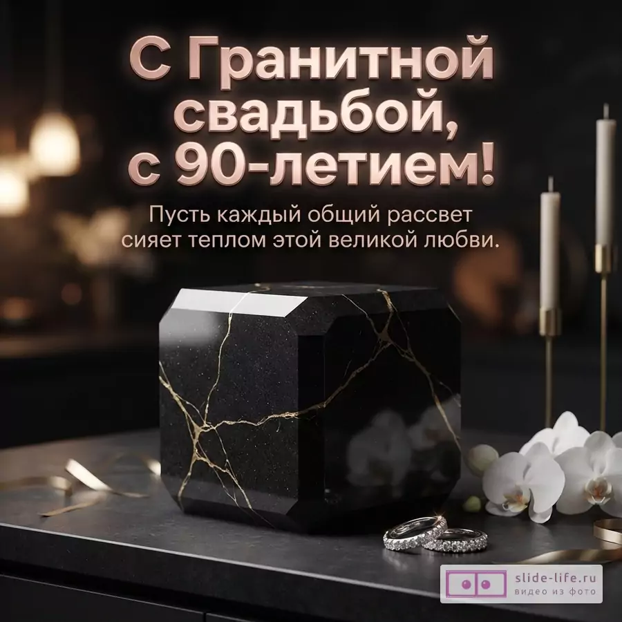 Темный фон, черный гранитный куб с золотыми прожилками, свечи, белые орхидеи и кольца, текст «С Гранитной свадьбой, с 90-летием! Пусть каждый общий рассвет сияет теплом этой великой любви.»